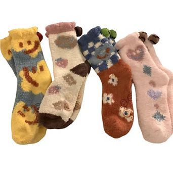 Women's 4-Pair Plush Fleece Crew Socks with Playful Animal Face Designs