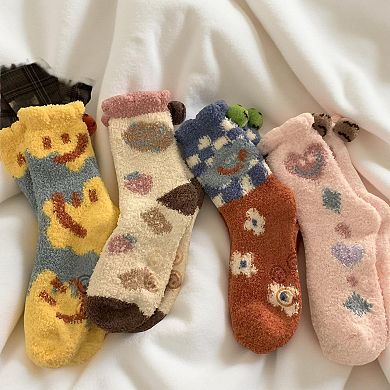 Women's 4-Pair Plush Fleece Crew Socks with Playful Animal Face Designs