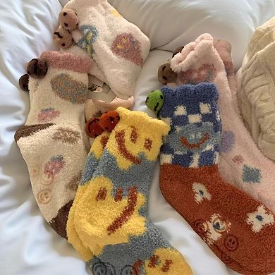 Women's 4-Pair Plush Fleece Crew Socks with Playful Animal Face Designs