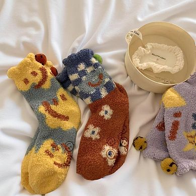 Women's 4-Pair Plush Fleece Crew Socks with Playful Animal Face Designs