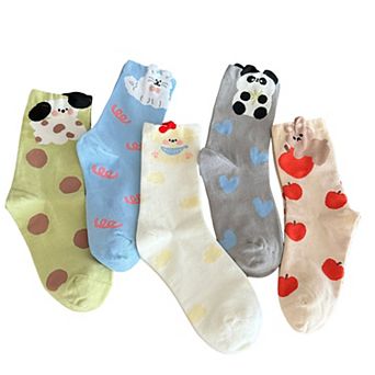 Women's 5-Pair Printed Crew Socks with Cute Animal and Playful Pattern Designs