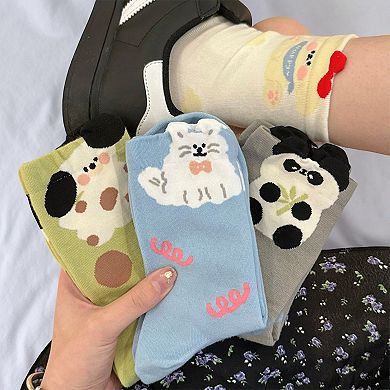 Women's 5-Pair Printed Crew Socks with Cute Animal and Playful Pattern Designs