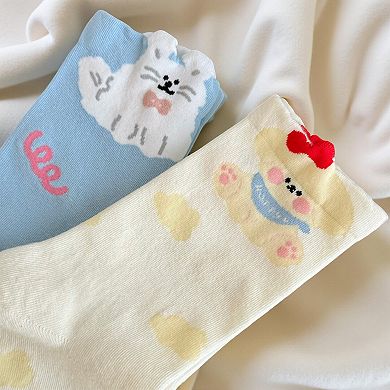 Women's 5-Pair Printed Crew Socks with Cute Animal and Playful Pattern Designs