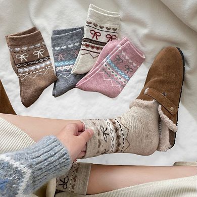 Women's 3-Pair Ribbed Knit Crew Socks with Bow and Nordic Pattern Detail