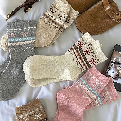 Women's 3-Pair Ribbed Knit Crew Socks with Bow and Nordic Pattern Detail
