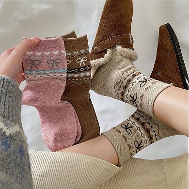 Women's 3-Pair Ribbed Knit Crew Socks with Bow and Nordic Pattern Detail