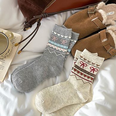 Women's 3-Pair Ribbed Knit Crew Socks with Bow and Nordic Pattern Detail