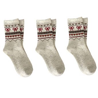 Women's 3-Pair Ribbed Knit Crew Socks with Bow and Nordic Pattern Detail