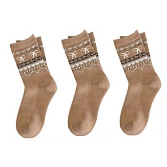 Women's 3-Pair Ribbed Knit Crew Socks with Bow and Nordic Pattern Detail
