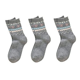 Women's 3-Pair Ribbed Knit Crew Socks with Bow and Nordic Pattern Detail