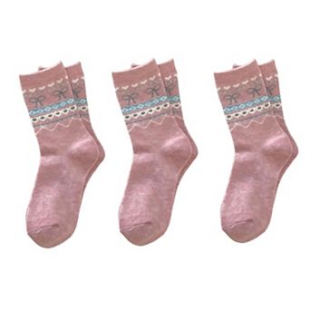 Women's 3-Pair Ribbed Knit Crew Socks with Bow and Nordic Pattern Detail