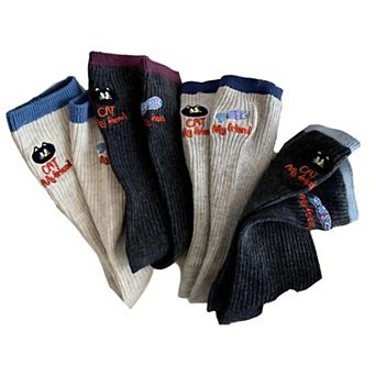 Women's 4-Pair Ribbed Knit Crew Socks with Embroidered Cat Graphic Detail