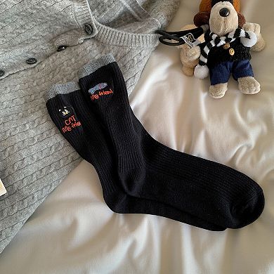 Women's 4-Pair Ribbed Knit Crew Socks with Embroidered Cat Graphic Detail