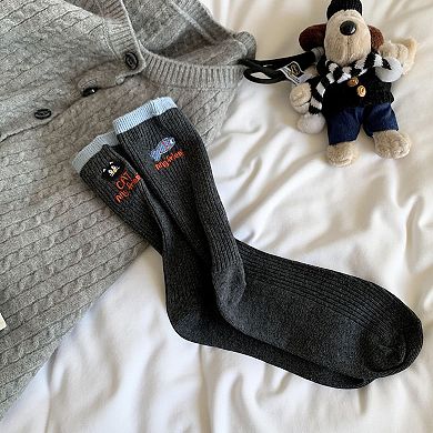 Women's 4-Pair Ribbed Knit Crew Socks with Embroidered Cat Graphic Detail