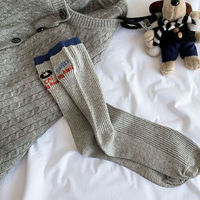 Women's 4-Pair Ribbed Knit Crew Socks with Embroidered Cat Graphic Detail