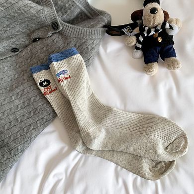 Women's 4-Pair Ribbed Knit Crew Socks with Embroidered Cat Graphic Detail