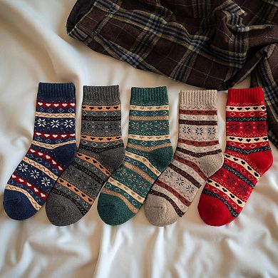 Women's 5-Pair Ribbed Knit Crew Socks with Nordic Fair Isle Pattern
