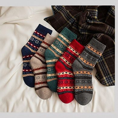 Women's 5-Pair Ribbed Knit Crew Socks with Nordic Fair Isle Pattern