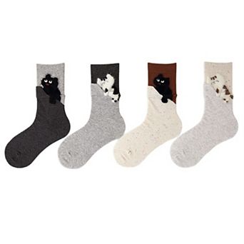 Women's 4-Pair Crew Socks with Textured Cat Appliqué and Soft Knit Fabric