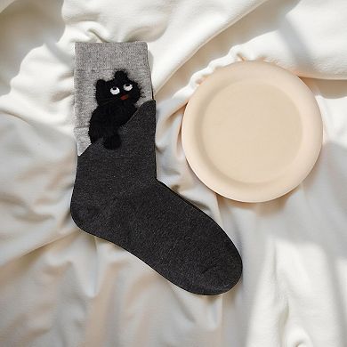 Women's 4-Pair Crew Socks with Textured Cat Appliqué and Soft Knit Fabric
