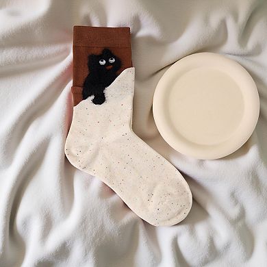 Women's 4-Pair Crew Socks with Textured Cat Appliqué and Soft Knit Fabric