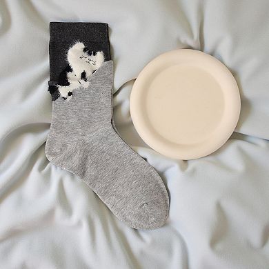 Women's 4-Pair Crew Socks with Textured Cat Appliqué and Soft Knit Fabric