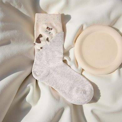 Women's 4-Pair Crew Socks with Textured Cat Appliqué and Soft Knit Fabric