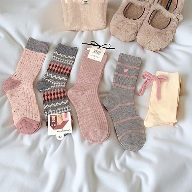 Women's 5-Pair Ribbed Knit Crew Socks with Mixed Patterns and Soft Cotton Pouch
