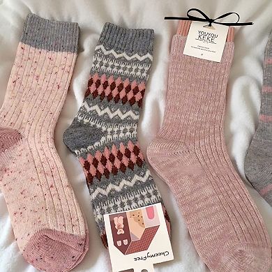 Women's 5-Pair Ribbed Knit Crew Socks with Mixed Patterns and Soft Cotton Pouch