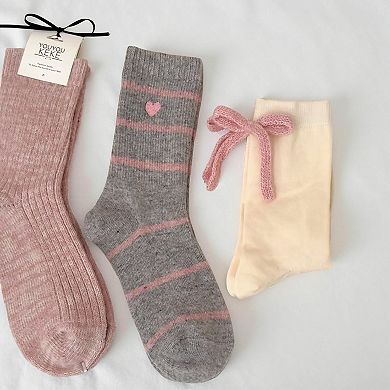 Women's 5-Pair Ribbed Knit Crew Socks with Mixed Patterns and Soft Cotton Pouch