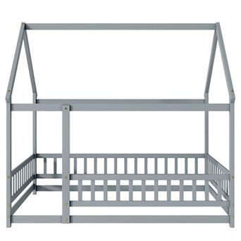 Whisen House Floor Wooden Bed with Roof Frame and Safety Guardrails