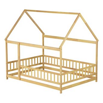 Whisen House Floor Wooden Bed with Roof Frame and Safety Guardrails