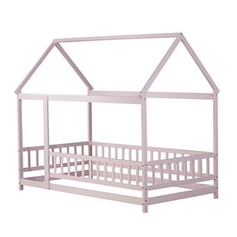 Whisen House Floor Wooden Bed with Roof Frame and Safety Guardrails