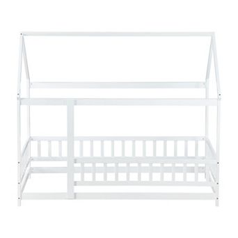 Whisen House Floor Wooden Bed with Roof Frame and Safety Guardrails