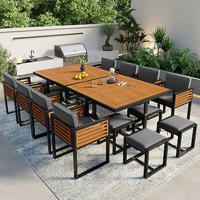 Whisen 18-Piece Outdoor Dining Set with 2 Square Tables, 8 Cushioned Chairs and 8 Ottomans