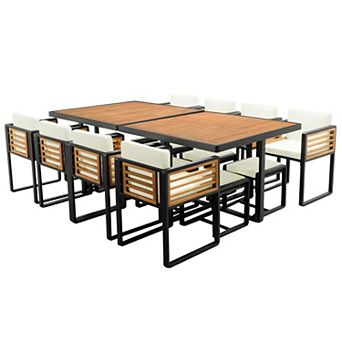 Whisen 18 pc Outdoor Dining Set with 2 Square Tables, 8 Cushioned Chairs and 8 Ottomans