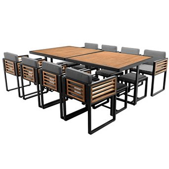 Whisen 18 pc Outdoor Dining Set with 2 Square Tables, 8 Cushioned Chairs and 8 Ottomans