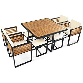 Whisen 9 pc Outdoor Dining Set with 1 Square Table, 4 Cushioned Chairs and 4 Ottomans