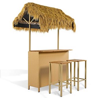 Whisen 3 pc Hawaiian-style Outdoor Bar Table Set with 2 Stools, Bar Table with PE Grass Canopy