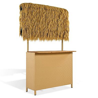 Whisen 3-Piece Hawaiian-style Outdoor Bar Table Set with 2 Stools, Bar Table with PE Grass Canopy