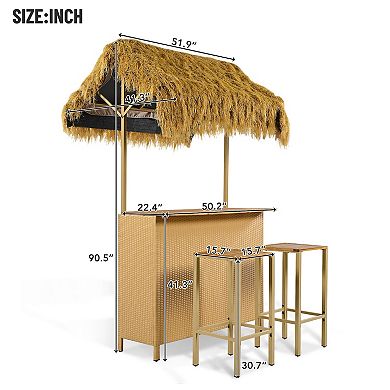 Whisen 3-Piece Hawaiian-style Outdoor Bar Table Set with 2 Stools, Bar Table with PE Grass Canopy