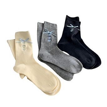 3-Pair Ribbed Crew Socks Set with Bow and Heart Embellishments Soft Stretch Knit Giftable Essentials