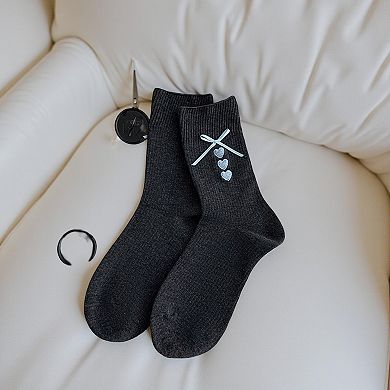 3-Pair Ribbed Crew Socks Set with Bow and Heart Embellishments Soft Stretch Knit Giftable Essentials