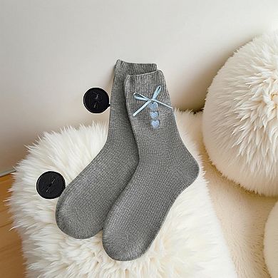 3-Pair Ribbed Crew Socks Set with Bow and Heart Embellishments Soft Stretch Knit Giftable Essentials
