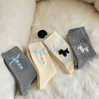 3-Pair Ribbed Crew Socks Set with Bow and Heart Embellishments Soft Stretch Knit Giftable Essentials