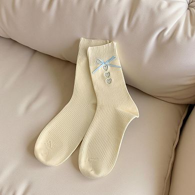 3-Pair Ribbed Crew Socks Set with Bow and Heart Embellishments Soft Stretch Knit Giftable Essentials