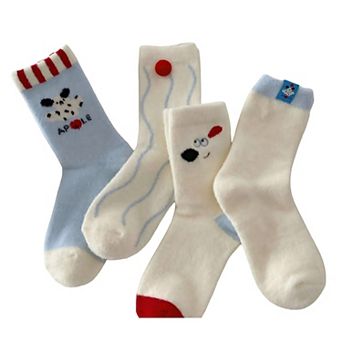 4-Pair Plush Crew Socks Set with Cute Character Designs Soft Fleece Texture and Cozy Everyday Fit