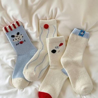 4-Pair Plush Crew Socks Set with Cute Character Designs Soft Fleece Texture and Cozy Everyday Fit