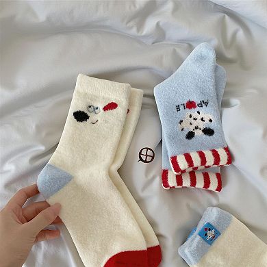 4-Pair Plush Crew Socks Set with Cute Character Designs Soft Fleece Texture and Cozy Everyday Fit