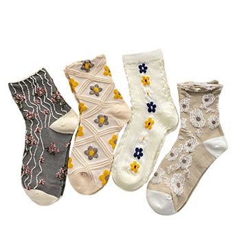 4-Pair Sheer Knit Crew Socks Set with Floral Embroidery Textured Details and Lightweight Comfort